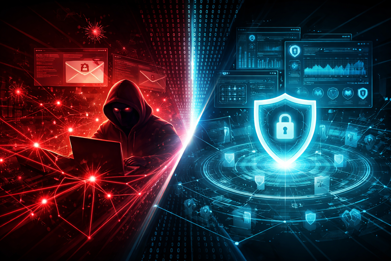 Split illustration showing AI-powered cyber attacks on the left in red tones versus AI-assisted threat detection and defence on the right in blue tones